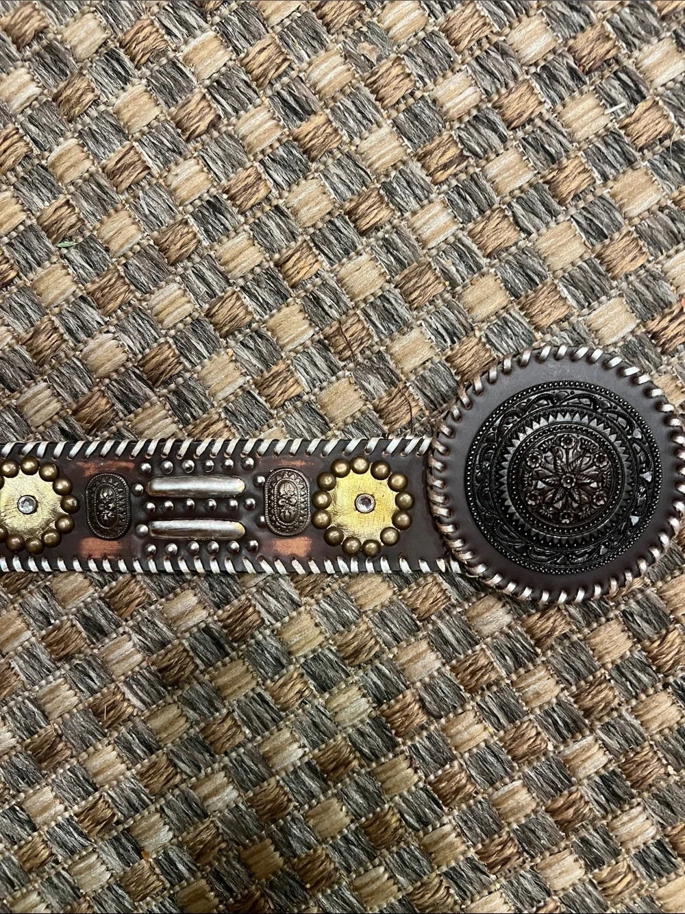 Chico's Brown Leather Studded Belt with Yellow-Gold Accents